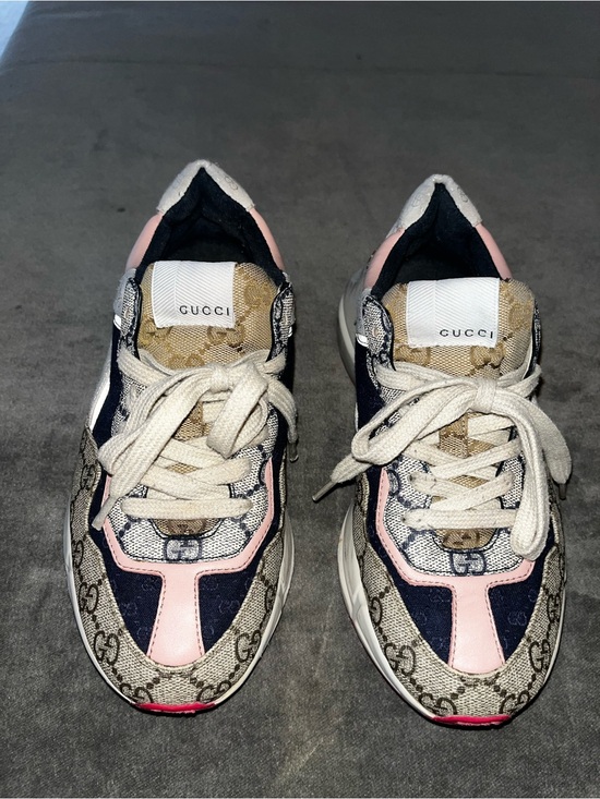 Gucci Shoes - Gucci Beige Monogram Sneakers with Pink and Navy Accents